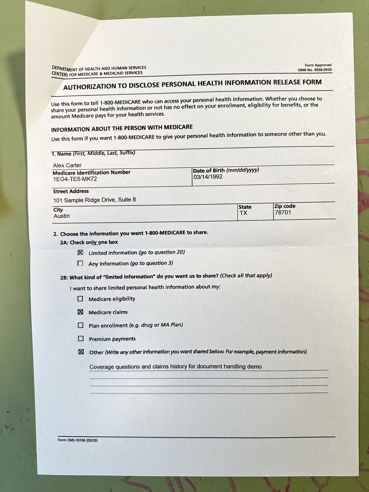 Medical authorization form photo with dark tone and uneven lighting