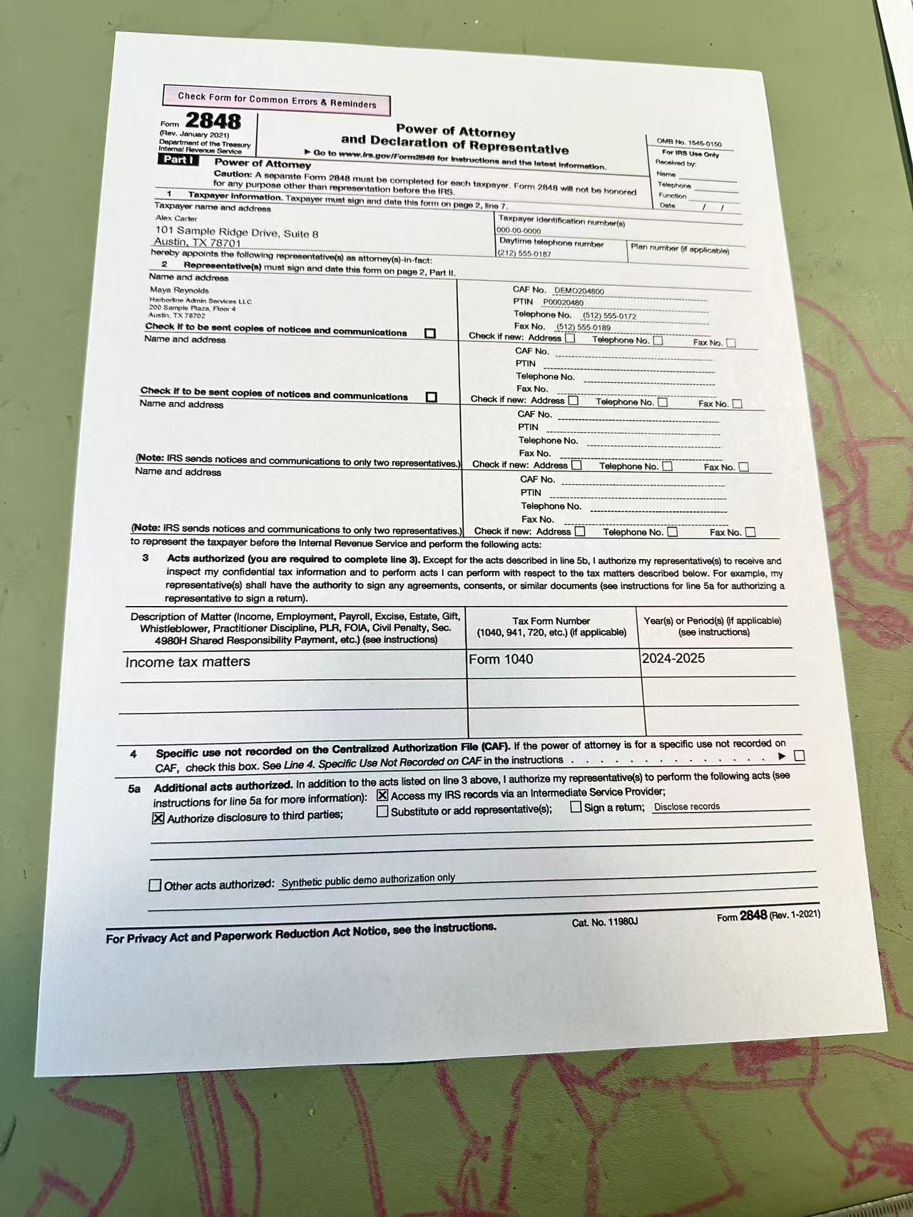 Original photo of a filled IRS Form 2848 on a desk